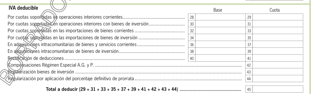 Bloque de IVA deducible del modelo 303, con las casillas 43 y 44 al final